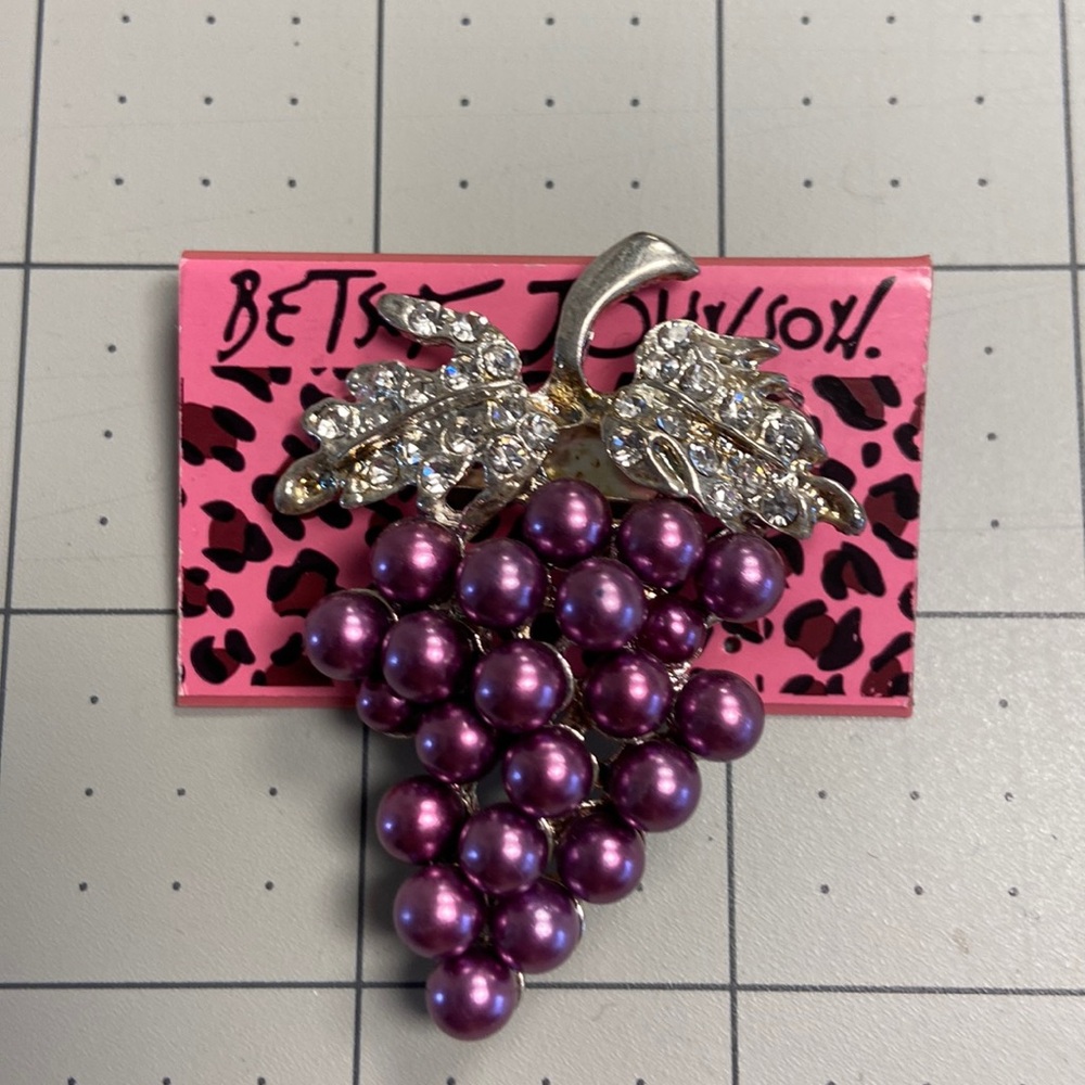 Rhinestone Pearl Grape Betsey Johnson Brooch 2” #65